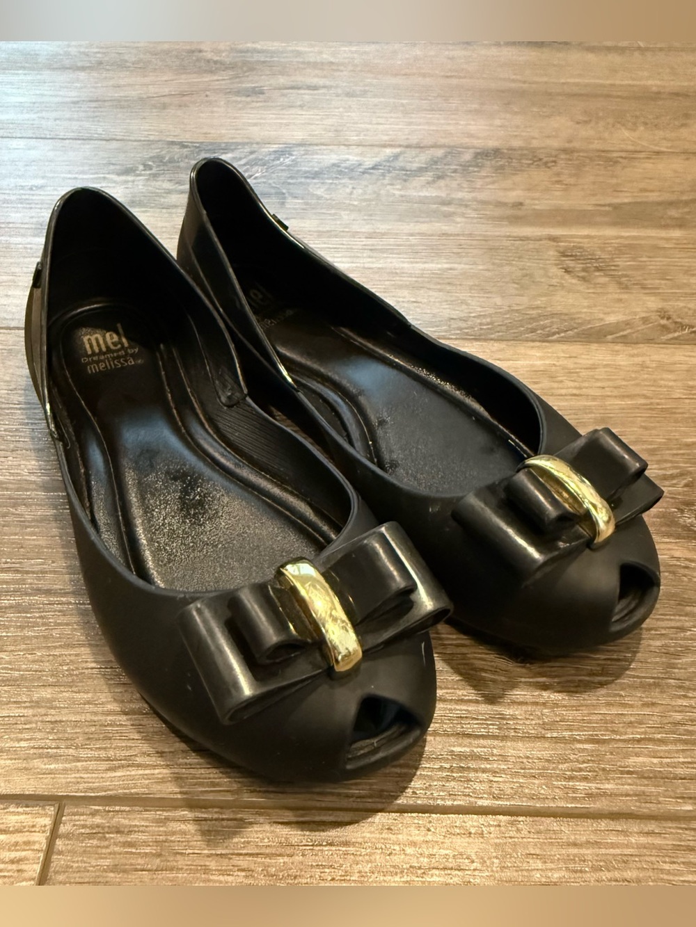 Melissa Black Peep-Toe Flats with Bow and Gold Accent